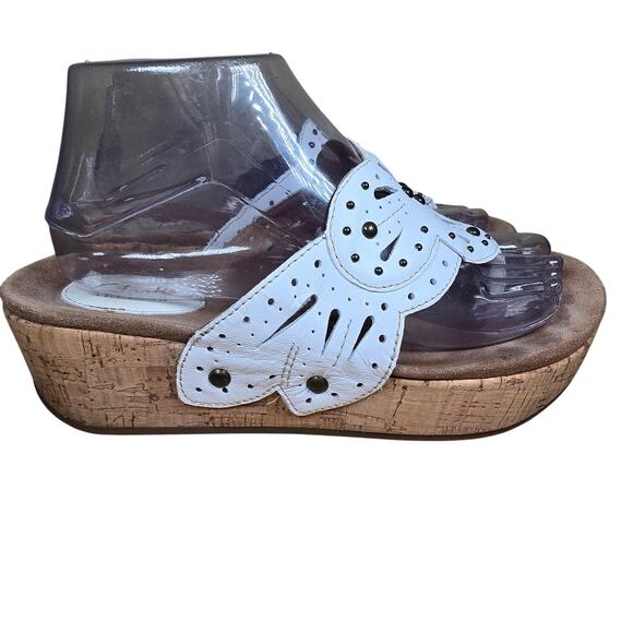 Clarks Artisan Sandals Palima Palm Laser Cut Thong Cork Wedge White Womens Sz 8 - Picture 3 of 11